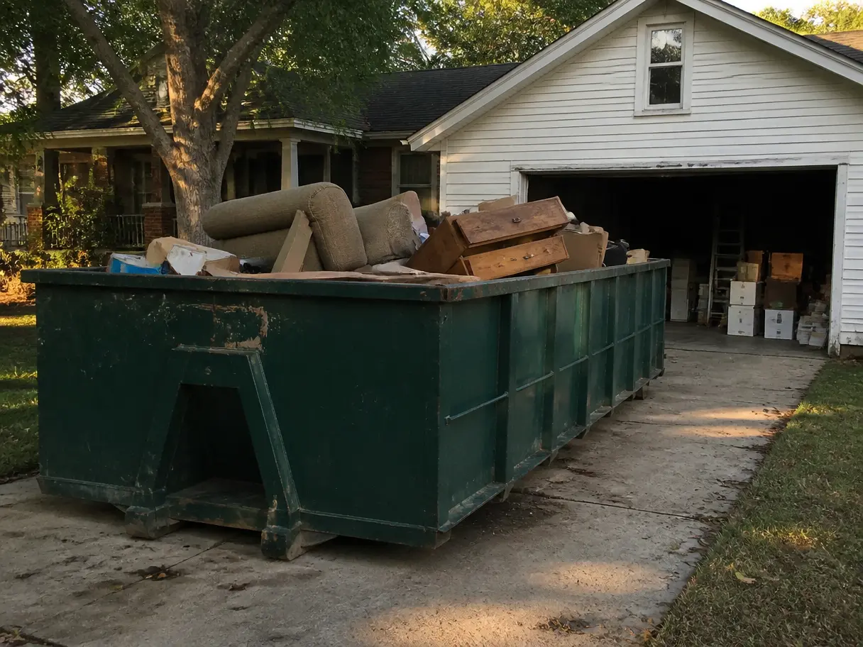 A 15-yard dumpster full of old furniture in front of an open garage during a cleanout.
