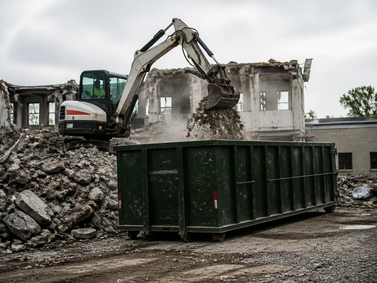 An excavator dropping concrete debris into a 30-yard roll-off.