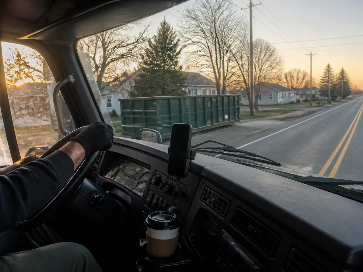 A driver's hands on the wheel of a work truck at sunrise, phone in a dash mount.