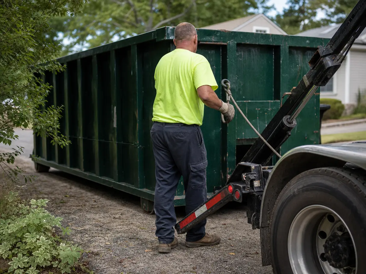 A driver hooking the cable to a full 20-yard dumpster in a driveway.