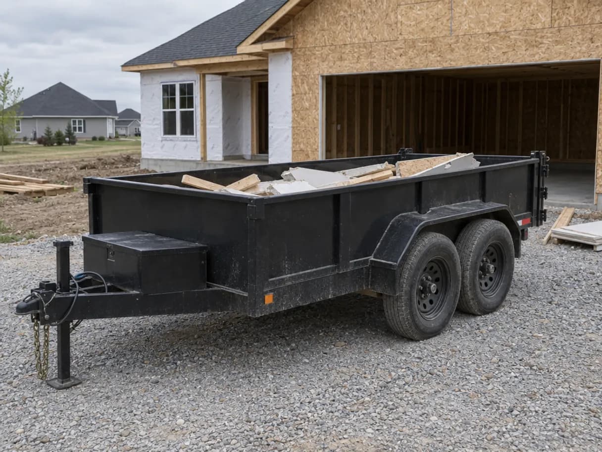 A black dump trailer with lumber scraps on the gravel drive of a new house under construction.