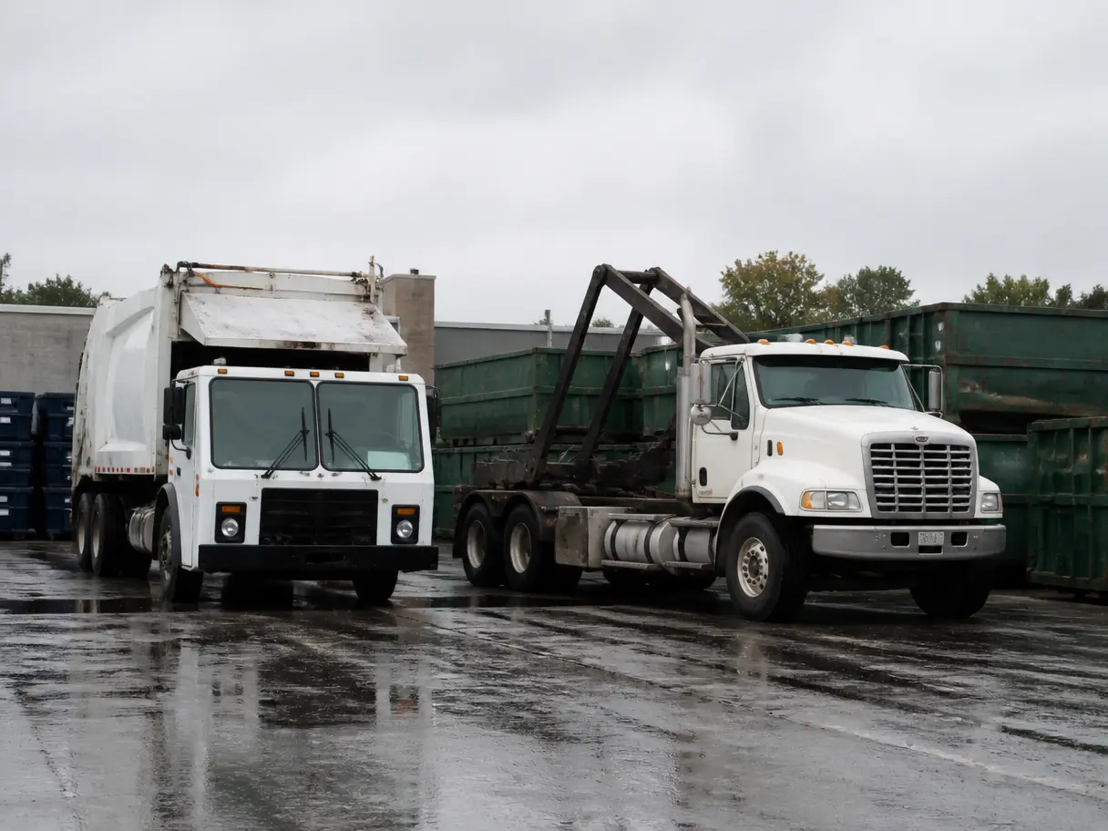 A front-load garbage truck and a roll-off truck parked side by side in a hauler's yard.