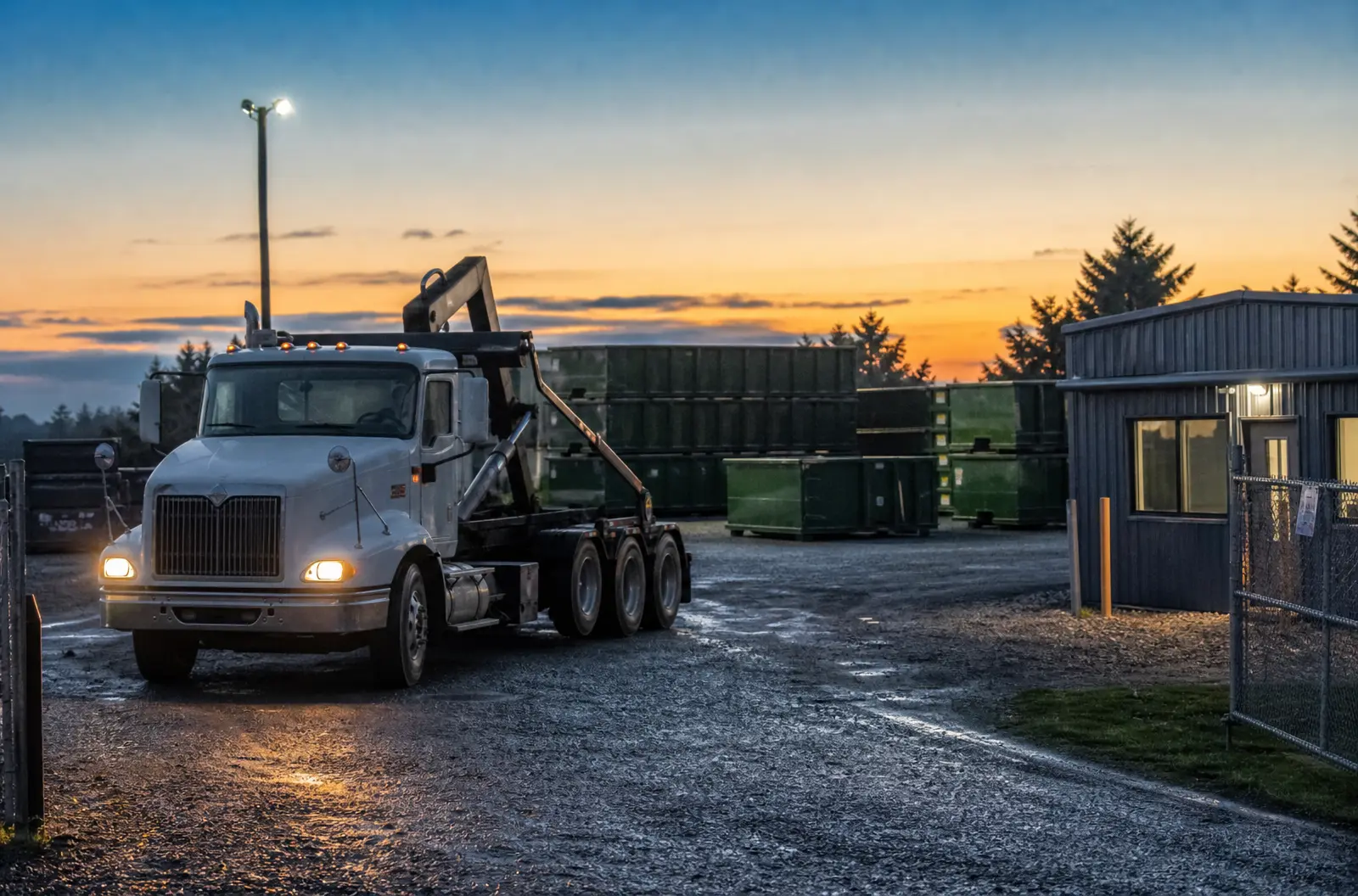 A roll-off truck pulling out of a gravel dumpster yard at dawn.