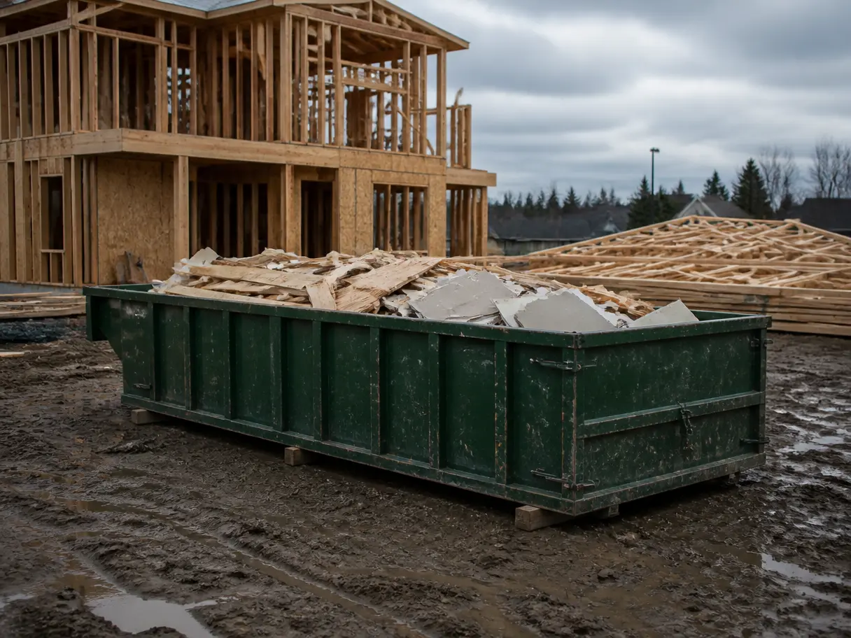 A 30-yard roll-off full of lumber offcuts beside a framed house.