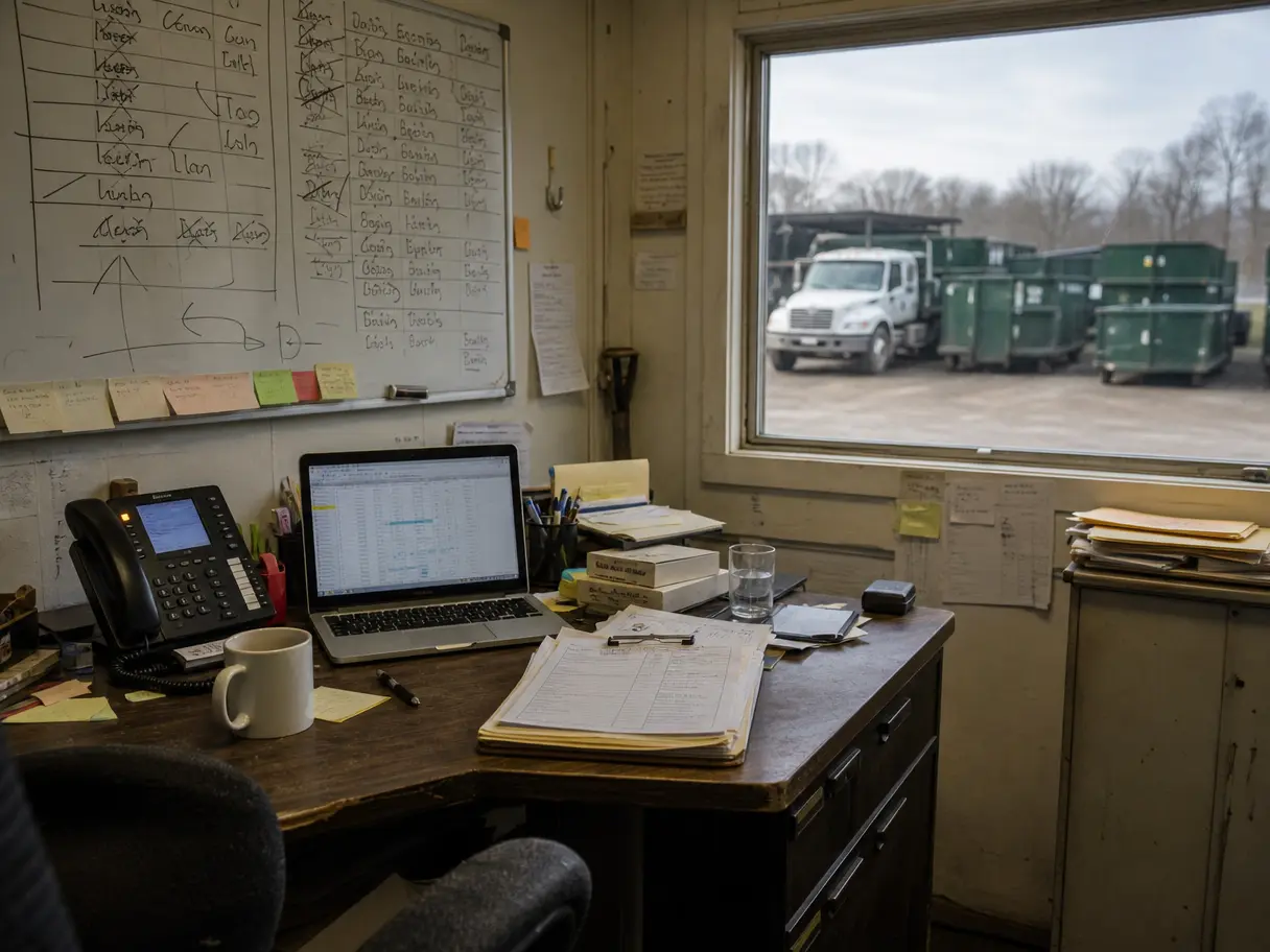 A cramped yard office with a covered whiteboard, sticky notes, and a desk phone.