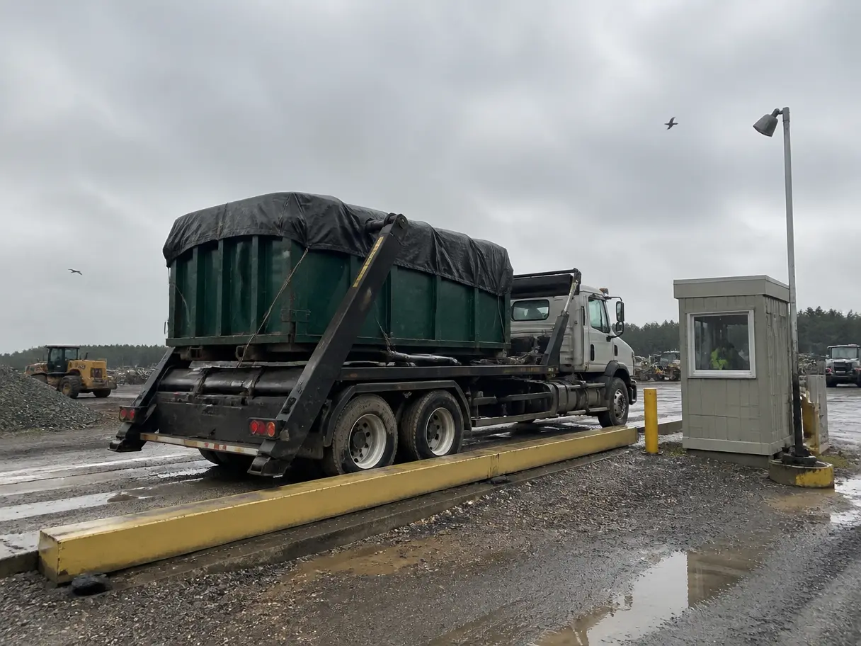A roll-off truck with a tarped load on the landfill scale.