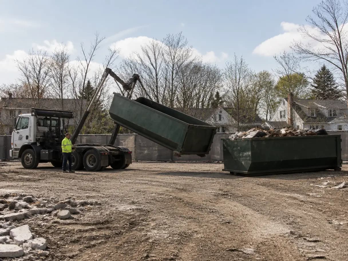 A roll-off truck setting an empty dumpster next to a full one on a job site.